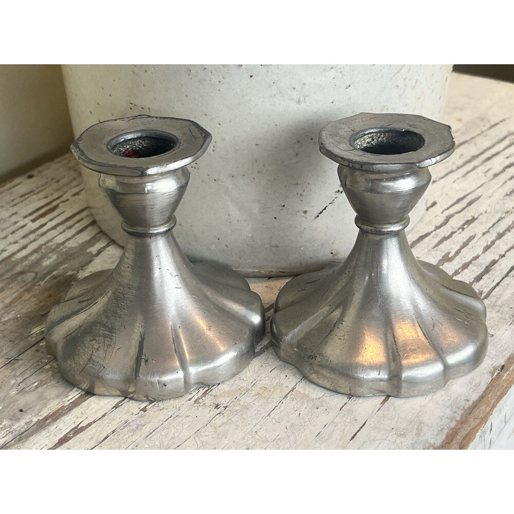 Vintage Shabby Chic Metal Chunky Ornate Candlestick Holders 3.25” Cottage Home